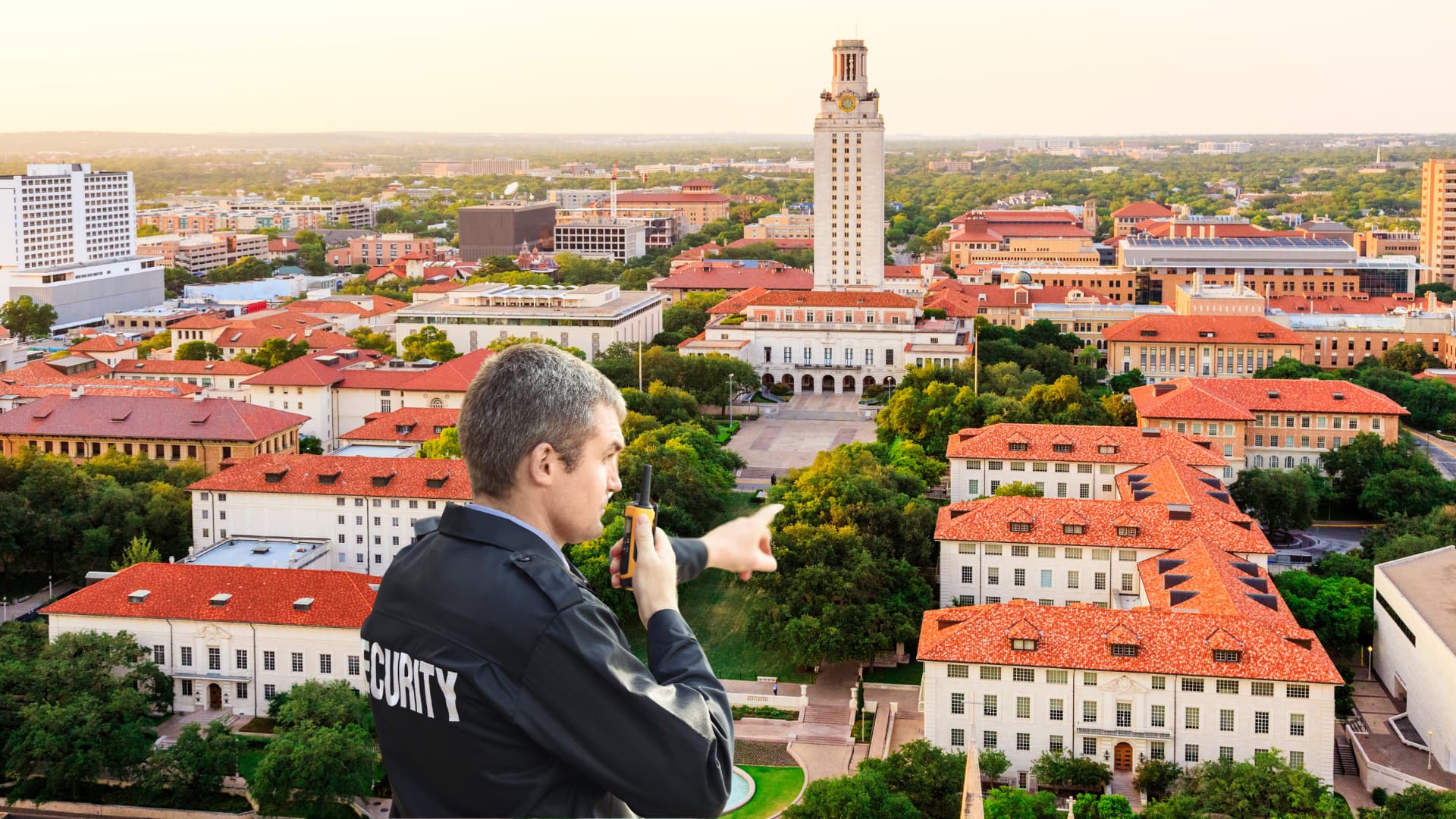University campus security team using surveillance technology during emergency response training