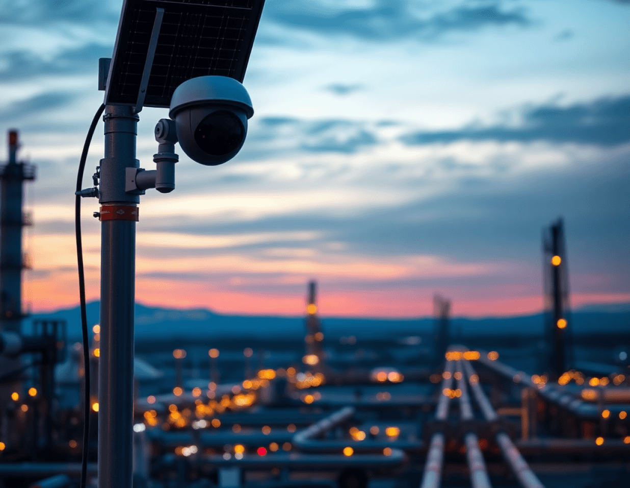 Oil refinery at dusk with pipeline infrastructure and RadiusVision solar camera on a pole