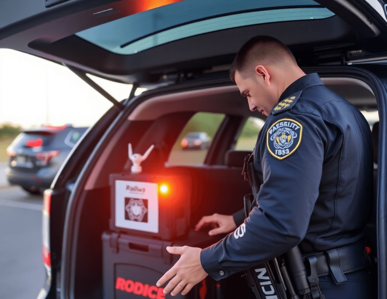 Portable surveillance camera system deployed next to a police vehicle