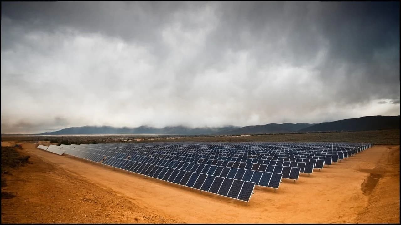 Aerial view of a solar farm requiring security protection from theft and sabotage
