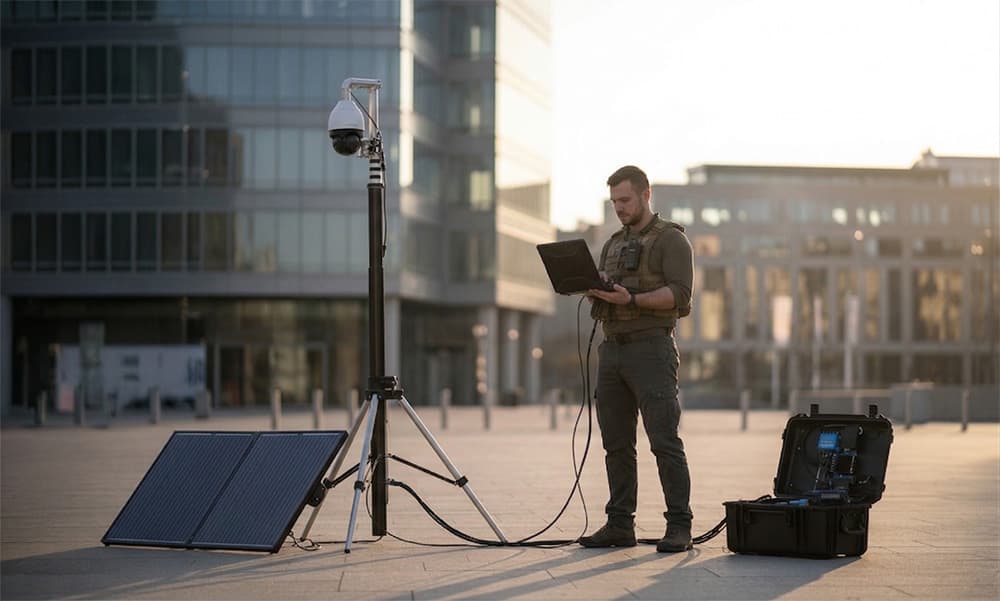RadiusVision Rapid Deploy Kit fully assembled on a ground tripod with a single operator, demonstrating 10-minute solo deployment capability