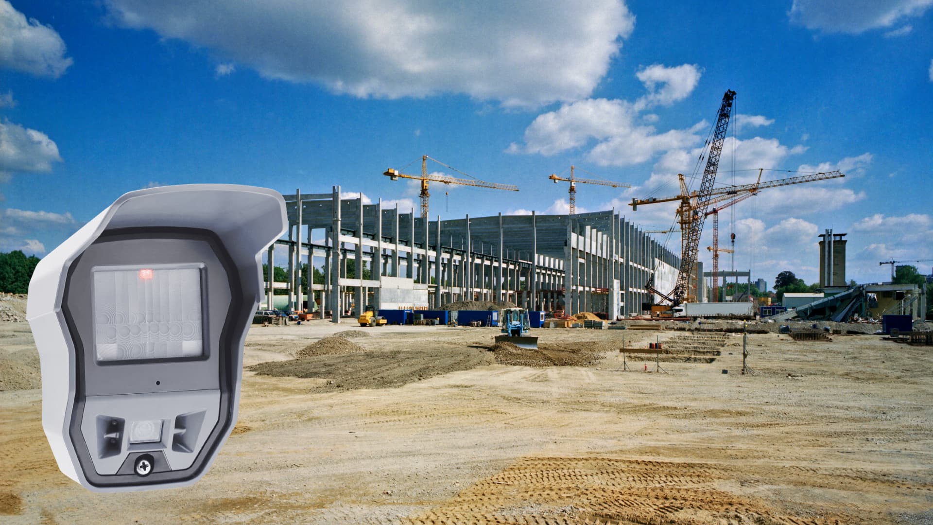 Remote security monitoring command center displaying multiple construction site camera feeds