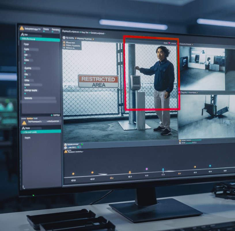 AI analytics interface highlighting a detected person with bounding box overlay