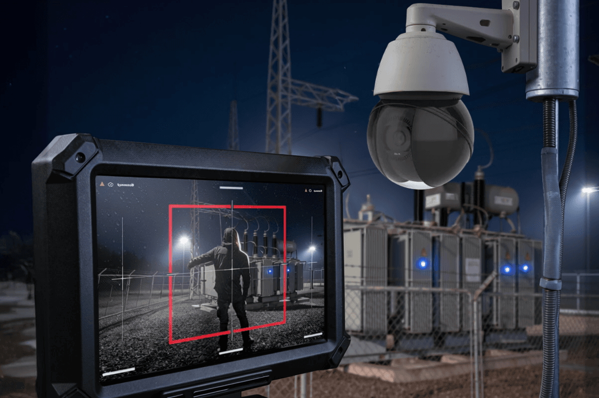 Radar detection system with PTZ camera locked onto a target at a critical infrastructure facility at night